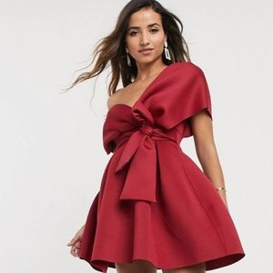 ASOS DESIGN fallen shoulder skater mini dress with tie detail